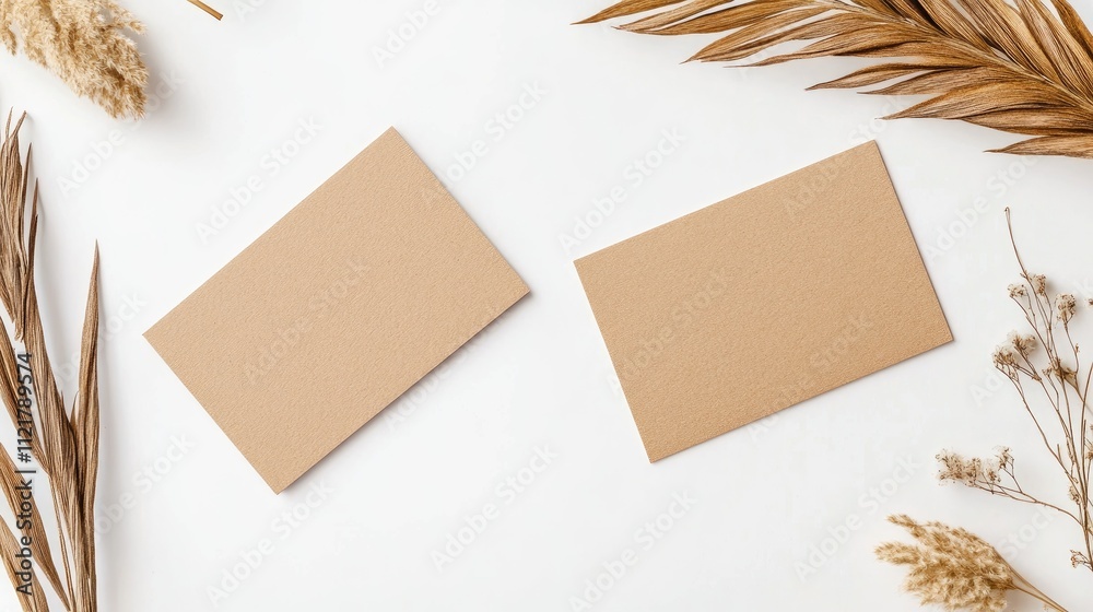 Poster scandinavian boho style blank kraft business card mockup with dried leaves and natural elements on w
