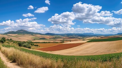 Obraz premium Vibrant summer rural landscape panorama showcasing agricultural fields under a blue sky with fluffy clouds in a historical southwestern region