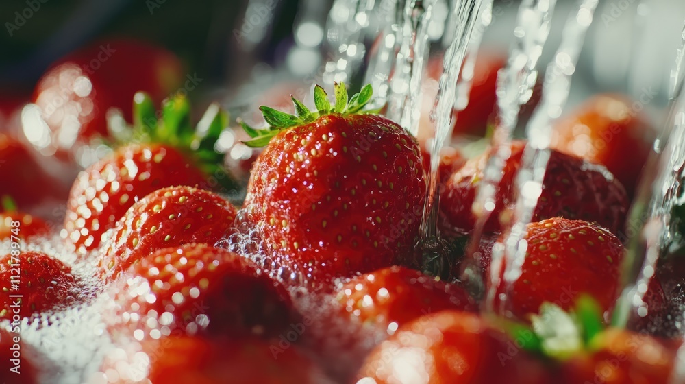 Aufkleber fresh ripe strawberries being rinsed under running water with selective focus highlighting their tex