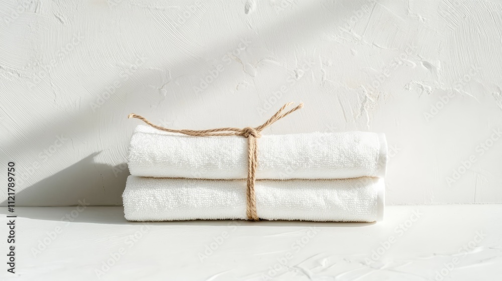 Aufkleber spa towels neatly rolled and tied with hemp rope on a minimalist white table showcasing elegance and