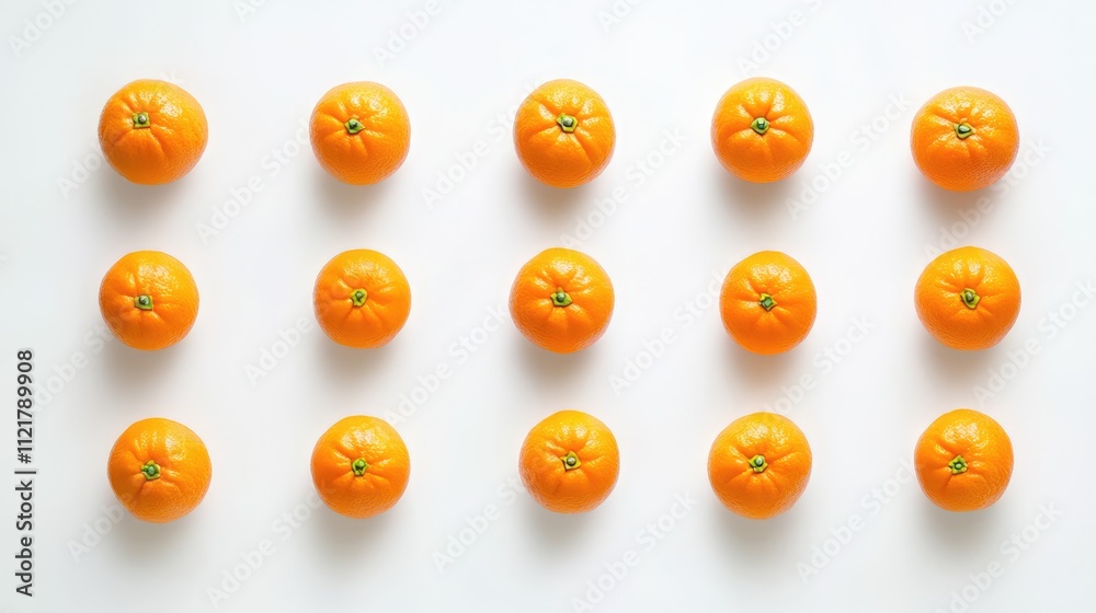 Poster Ripe tangerine fruits arranged in a neat pattern on a clean white background showcasing their vibrant color and fresh appearance