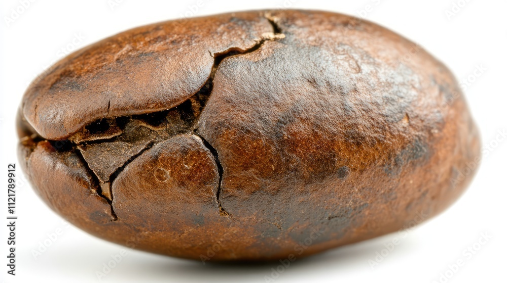Poster Close-up view of a single roasted coffee bean showcasing its texture and detail against a white background for macro photography enthusiasts.