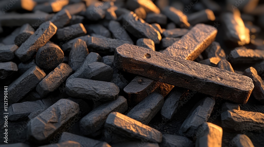Poster rusty scrap iron pieces piled together with dramatic lighting highlighting their textures and shapes
