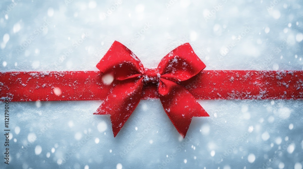 Poster Red bow on fresh snow background with falling snowflakes creating a festive winter atmosphere and seasonal charm