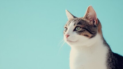 Obraz premium Studio portrait of a spotted domestic cat against a serene light blue background highlighting its curious expression and clean features