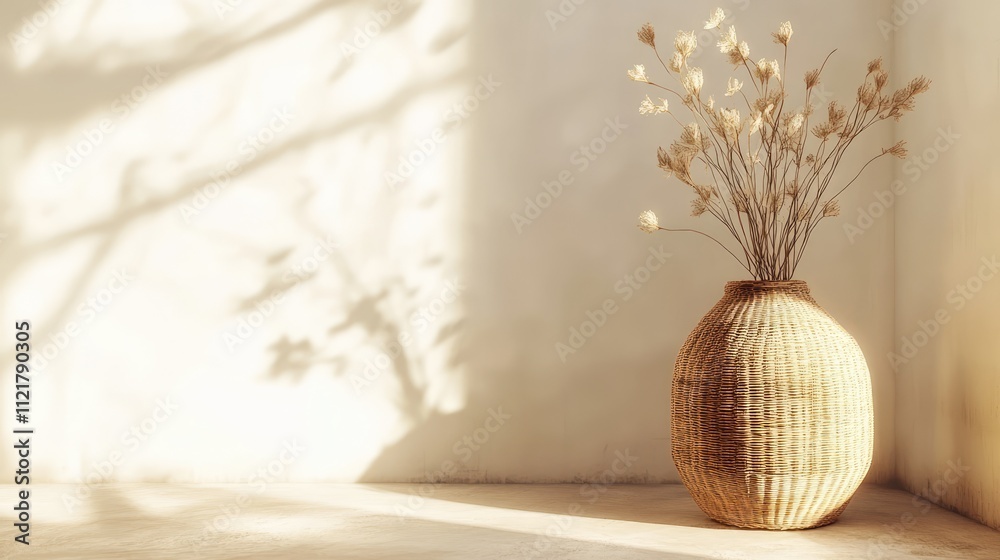 Poster inviting rustic cafe interior with wicker vase and dried flowers in warm minimalist setting natural 