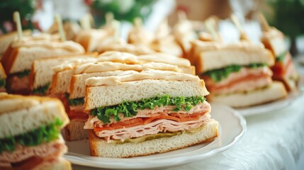 Catering table with delicious sandwiches for party or wedding celebration showcasing an assortment of snacks for guests to enjoy
