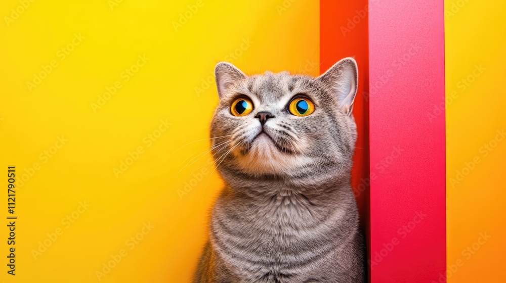 Poster playful scottish fold shorthair cat with striking yellow and red background elements showcasing vibr