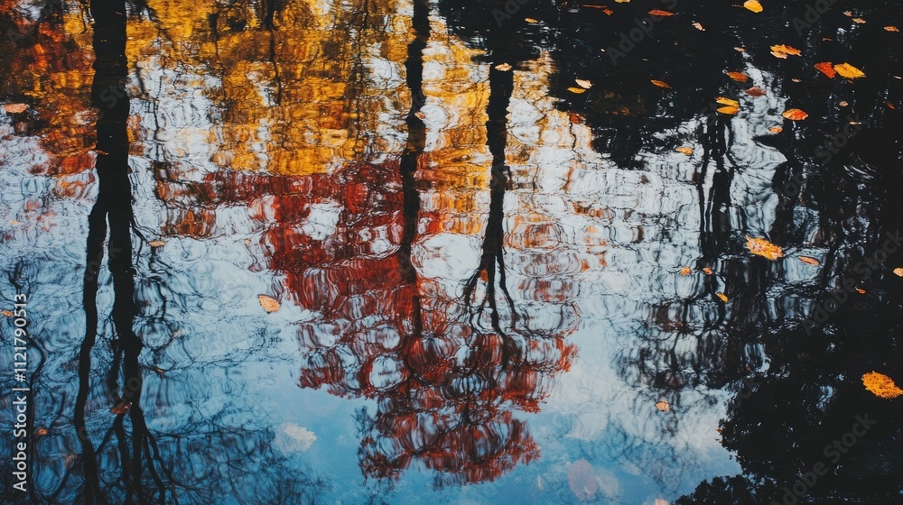 Leinwandbilder autumn trees reflecting on tranquil water surface with colorful foliage and serene lake ambiance in 