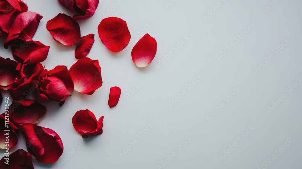 Aufkleber Scattered red rose petals elegantly arranged on a soft white background creating a romantic and calm atmosphere for various designs
