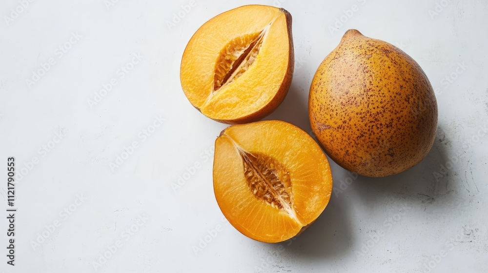 Poster Fresh and ripe Santol fruit displayed with a halved section on a clean white background highlighting its unique texture and vibrant color