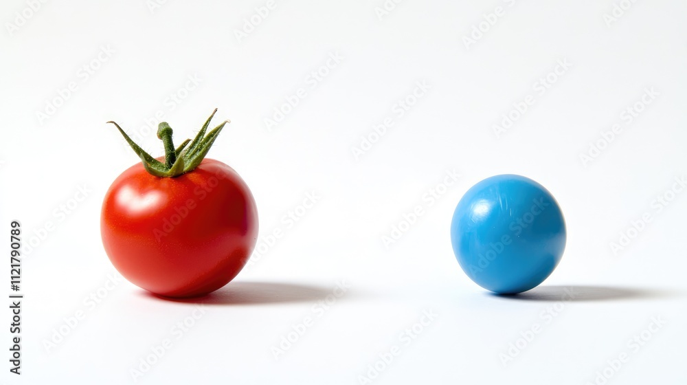 Aufkleber red tomato next to blue object on white background showcasing contrasting colors and shapes in a min