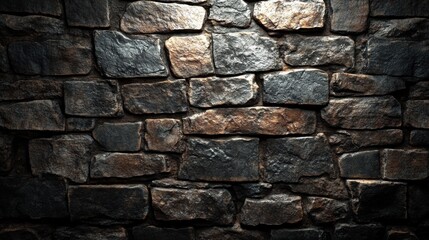 Dark rustic stone wall texture background with dramatic lighting.