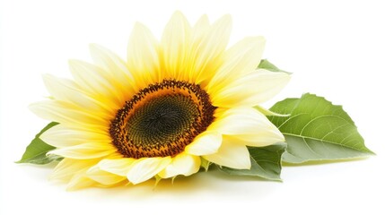 Obraz premium Vibrant sunflower on a white background showcasing its beautiful petals and intricate center with green leaves for added detail.