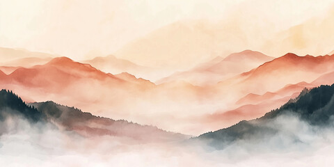 Soft water color painting of musty mountains