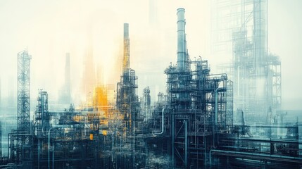 Oil refinery and stock market double exposure visualizing economic impacts on the oil industry with industrial architecture elements