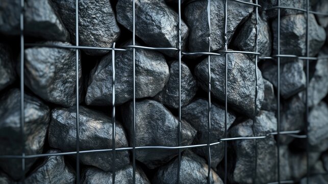 Steel mesh wall structure featuring compactly arranged stones in a protective metal wire cage for landscaping and construction applications