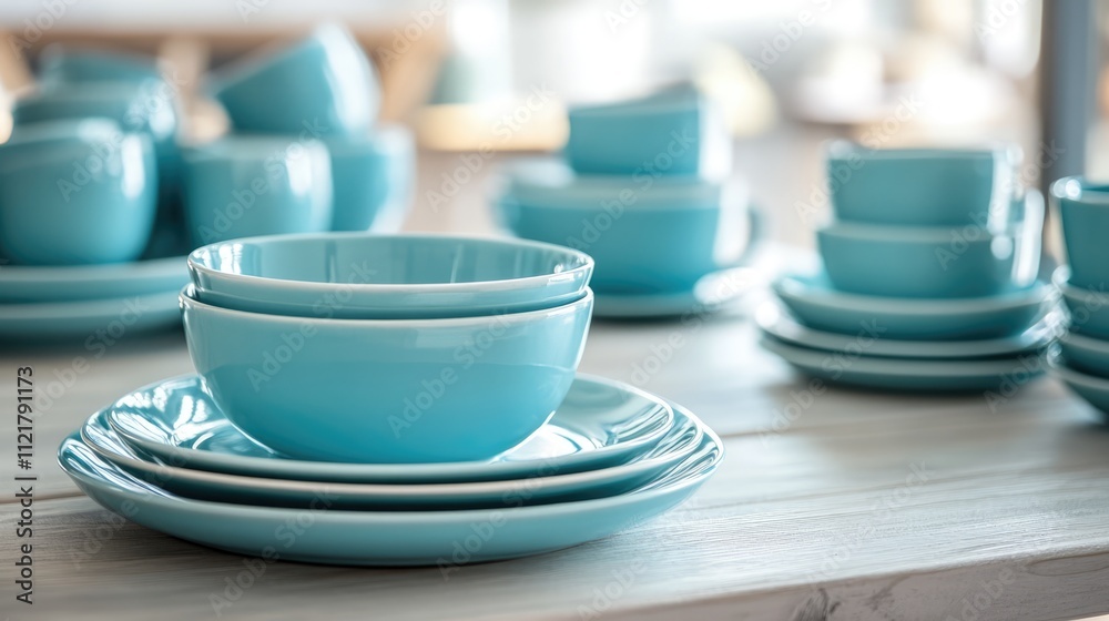 Aufkleber Vintage blue dinnerware set arranged on a wooden table with a contemporary design showcasing selective focus and soft background bokeh.