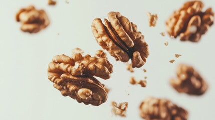 Obraz premium Close-up of walnuts floating against a clean white backdrop showcasing their texture and natural beauty in a minimalistic composition