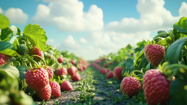 Vibrant strawberry and raspberry farm flourishing in greenhouses under a clear blue sky with fluffy clouds in the background