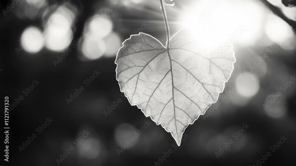 Aufkleber heart-shaped leaf illuminated by sunlight creating a striking black and white contrast in a natural 