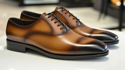 Stylish brown leather dress shoes displayed elegantly in a modern retail store perfect for formal occasions and men's fashion collections