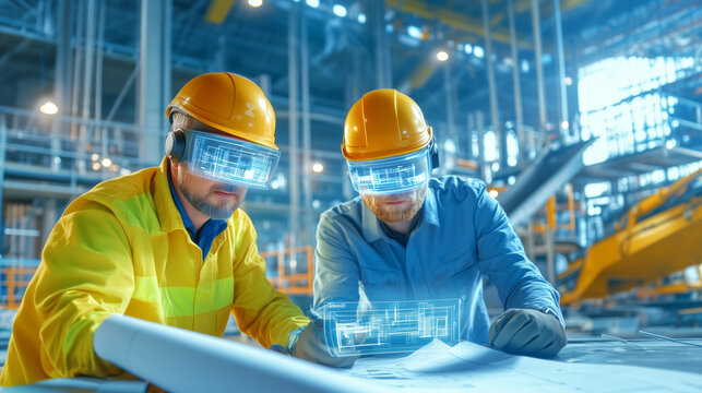 Engineers collaborating with augmented reality tools in factory