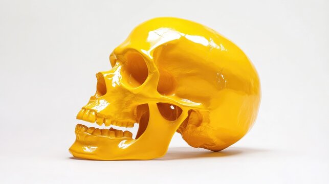 Glossy yellow model of Australopithecus africanus skull isolated on a white background illustrating paleontology and fossil anatomy concepts
