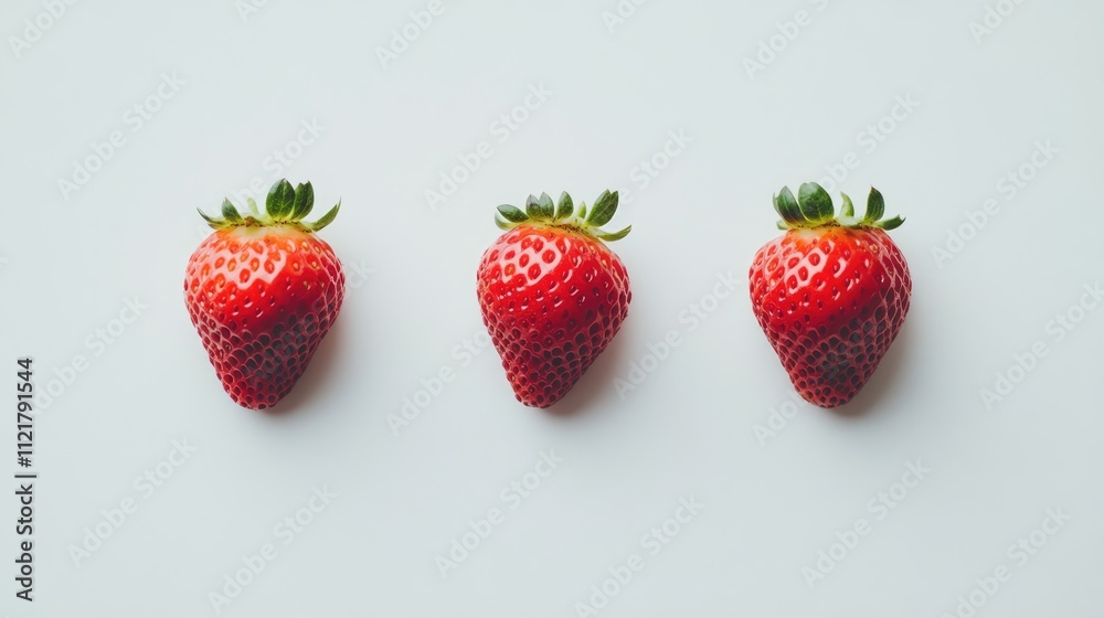 Poster three vibrant red strawberries arranged in a row on a clean white background showcasing their fresh 