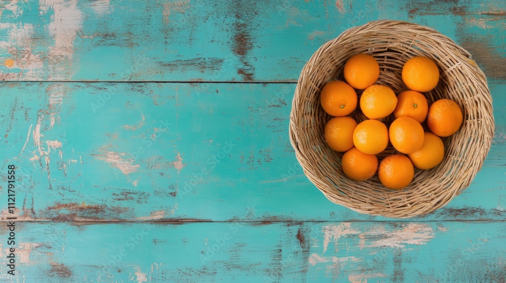 Aufkleber straw basket filled with fresh clementine oranges on a vibrant wooden table top view with ample copy