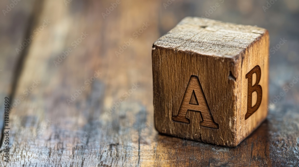 Poster Wooden cube featuring engraved letters A and B resting on a rustic wooden surface creating an eye-catching visual element for design projects