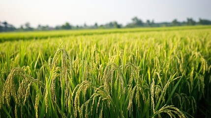 Lush green rice field in wide angle view showcasing abundant crops ready for harvest under natural light