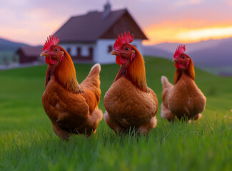 Fototapeta premium A group of chickens in an open field. blurred background is a farmhouse