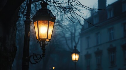 Vintage streetlight illuminating a foggy night in an atmospheric urban setting with trees and buildings in the background