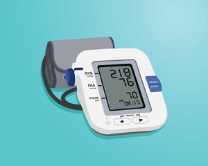 isolated medical objects, vector illustration of stethoscope, health bag, blood pressure monitor, oximeter, thermometer and medicine pills