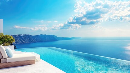 Fototapeta premium Luxury infinity pool with ocean view at a holiday bungalow in Greece under a bright summer sky