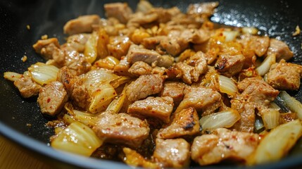 Stir Fried Pork with Kimchi and Onions in a Wok Asian Cuisine Dish