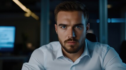 Obraz premium Young entrepreneur analyzing future business trends on a virtual screen in a modern office environment with focus and determination.