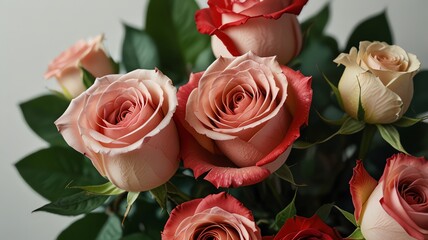 Here are a few options for your stock photo description, all under 200 characters:

**Option 1 (Focus on beauty):**

> Close-up of a bouquet of delicate peach and coral roses