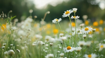 Wildflower meadow with daisies and diverse flora promoting biodiversity and a vibrant ecosystem thriving in natural sunlight.