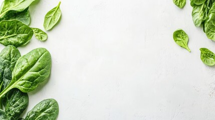 Obraz premium Fresh spinach leaves arranged aesthetically on a light background showcasing their vibrant color and texture for culinary or health themes.