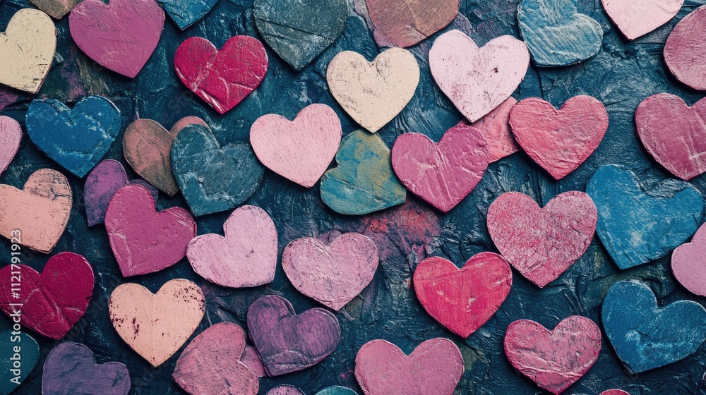 Poster colorful heart shapes in pastel tones arranged on a dark textured background for a romantic valentin