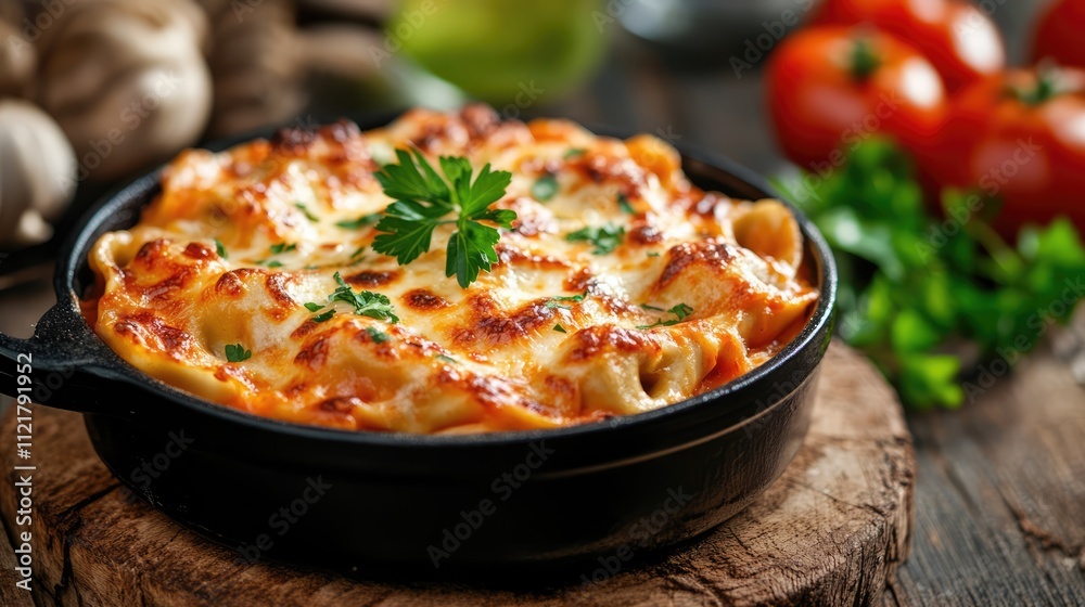 Poster tortellini served in cheese sauce garnished with parsley in a rustic setting with fresh tomatoes and
