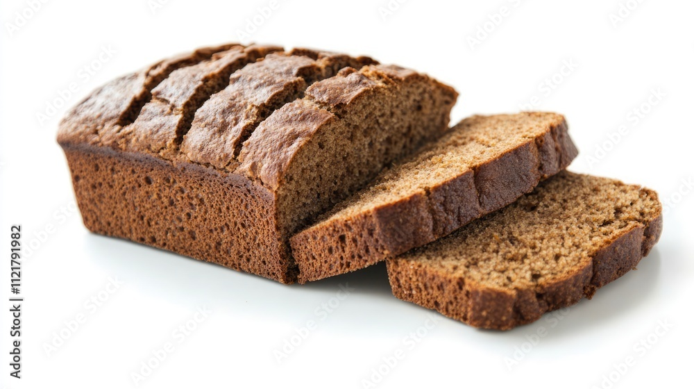 Poster wholemeal bread loaf sliced showcasing texture and flavor isolated on a clean white background for c
