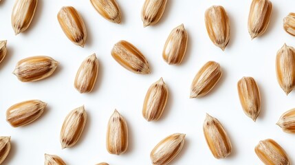 Obraz premium Sunflower seeds arranged on a clean white background showcasing their natural texture and color in a flat lay composition