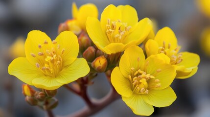 Obraz premium Yellow flower clusters of Desert Trumpet Eriogonum Inflatum blooming in Southern Mojave Desert during springtime showcasing natural beauty.