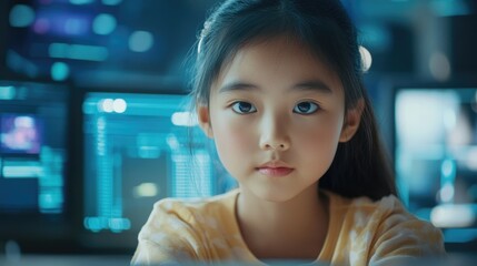 Young girl focused on coding in a high-tech classroom setting, highlighting STEM education and the integration of AI in learning.