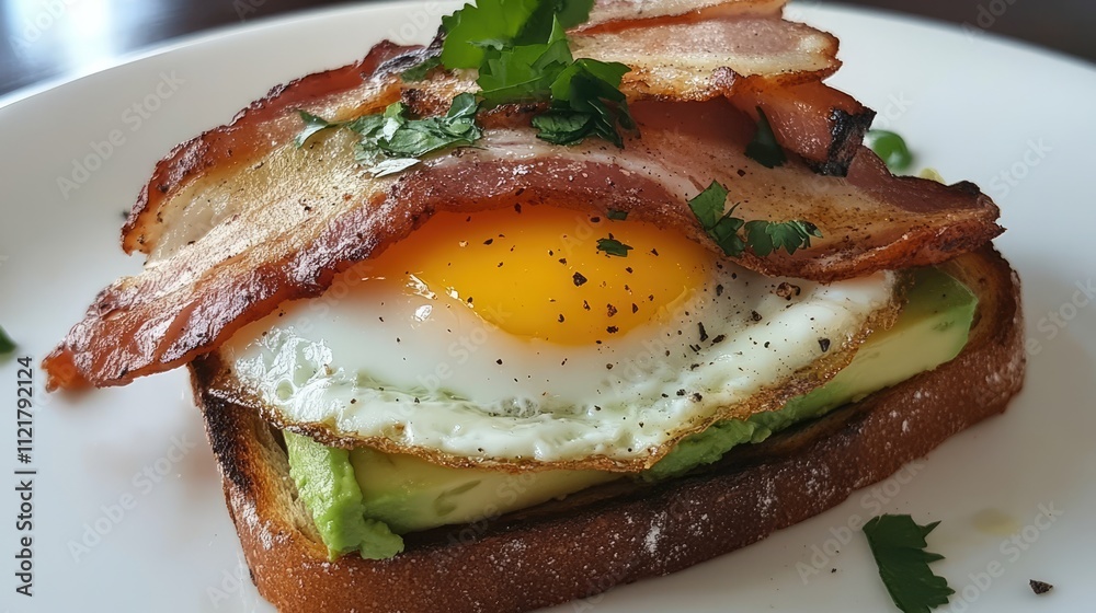 Poster avocado toast with fried egg and crispy bacon garnished with fresh cilantro on a white plate