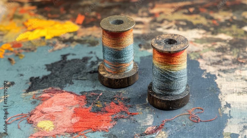 Poster vintage spools of thread with colorful tints on textured surface for crafting and creative inspirati