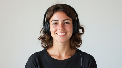 Smiling woman enjoying music with headphones on a neutral background capturing joy and relaxation...